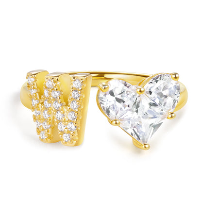 KissYan Sterling Silver Initial Heart Open Adjustable with CZ Ring