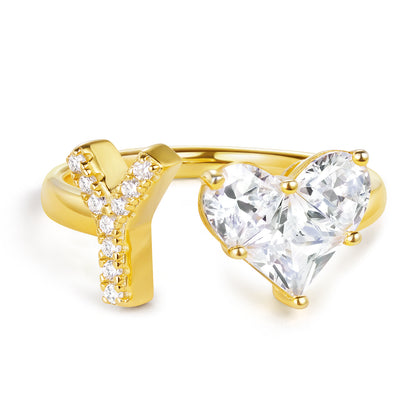 KissYan Sterling Silver Initial Heart Open Adjustable with CZ Ring