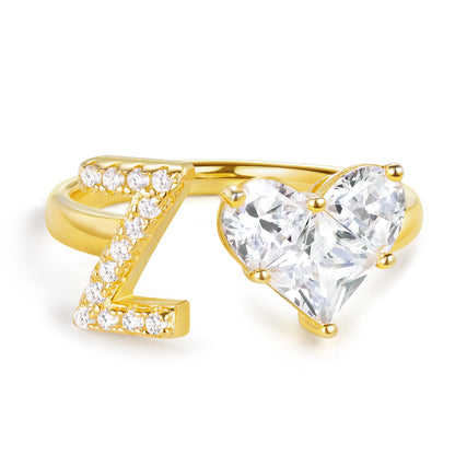 KissYan Sterling Silver Initial Heart Open Adjustable with CZ Ring