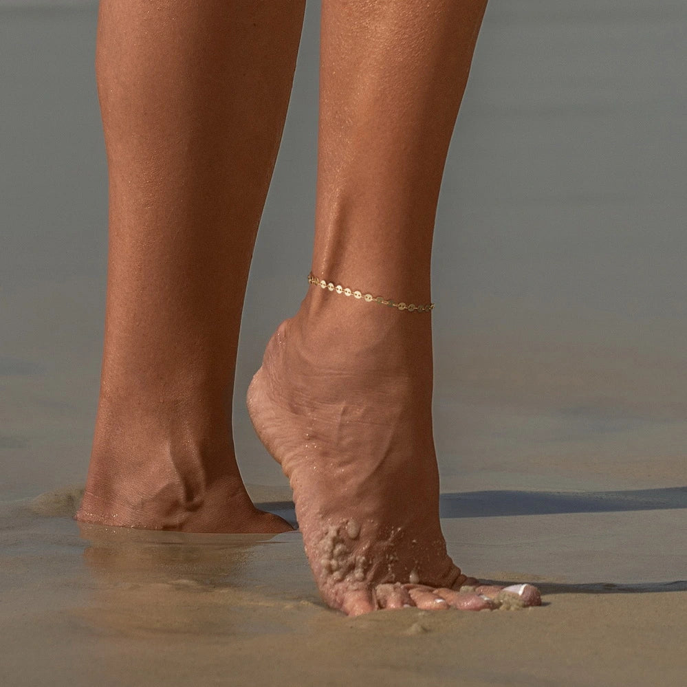 Close-up of Sequin Chain on 14k Gold Ankle Bracelet