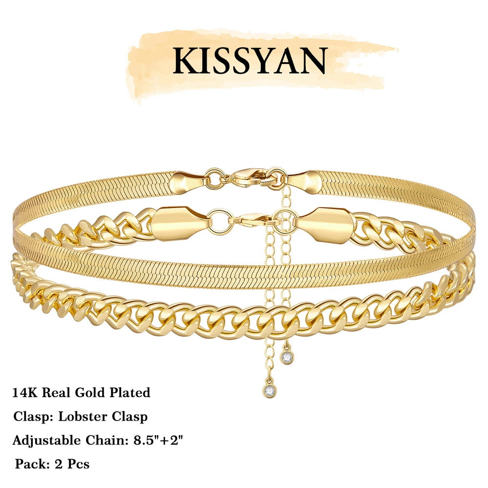 Fashionable Double Layering Cuban Link 14K Gold Plated Foot Chain for Women