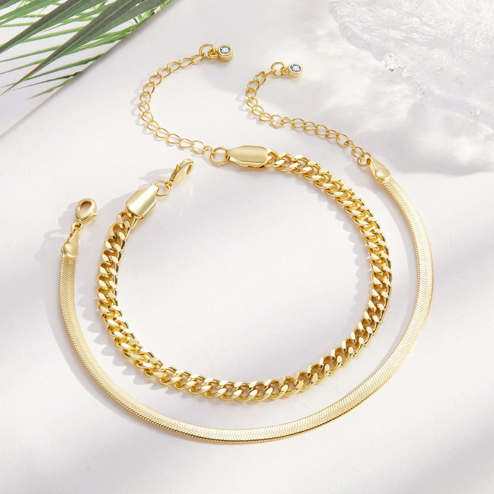 Fashionable Double Layering Cuban Link 14K Gold Plated Foot Chain for Women