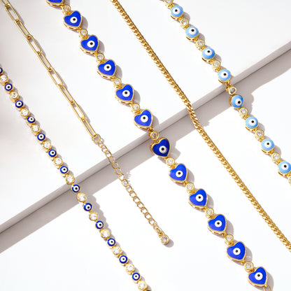 Flirty 14k Gold Plated Evil Eye Bracelet with Dark Blue Eye Love Heart