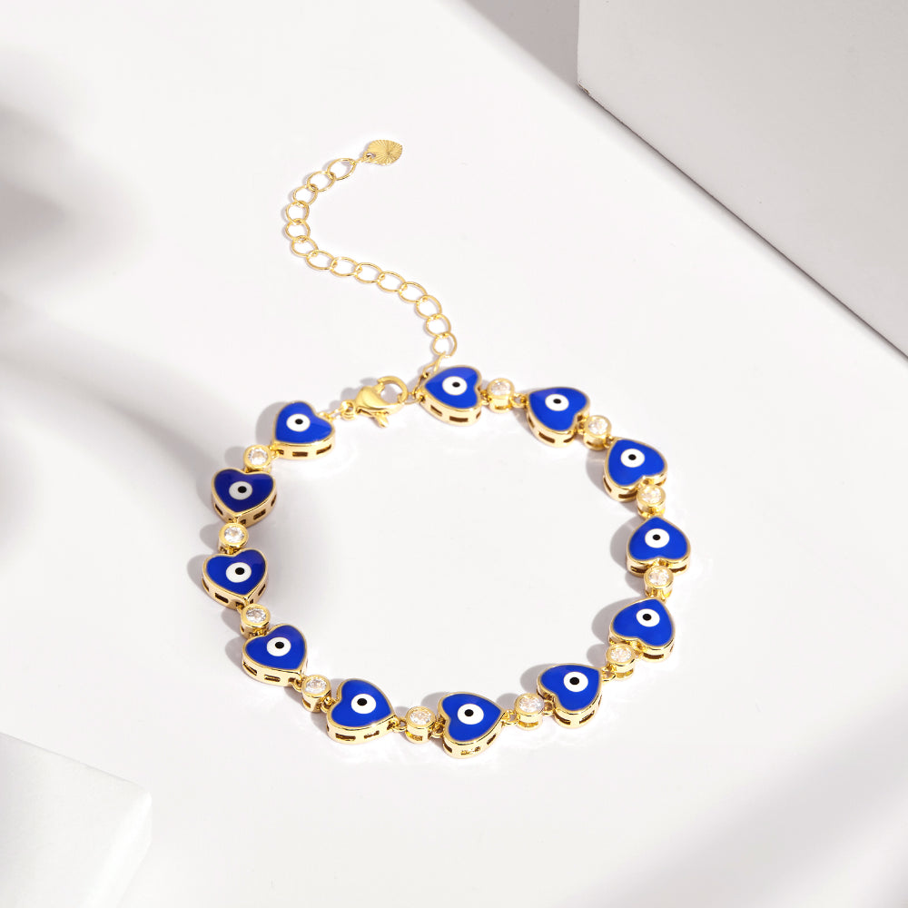 Unique 14k Gold Plated Evil Eye Bracelet with Love Heart Design