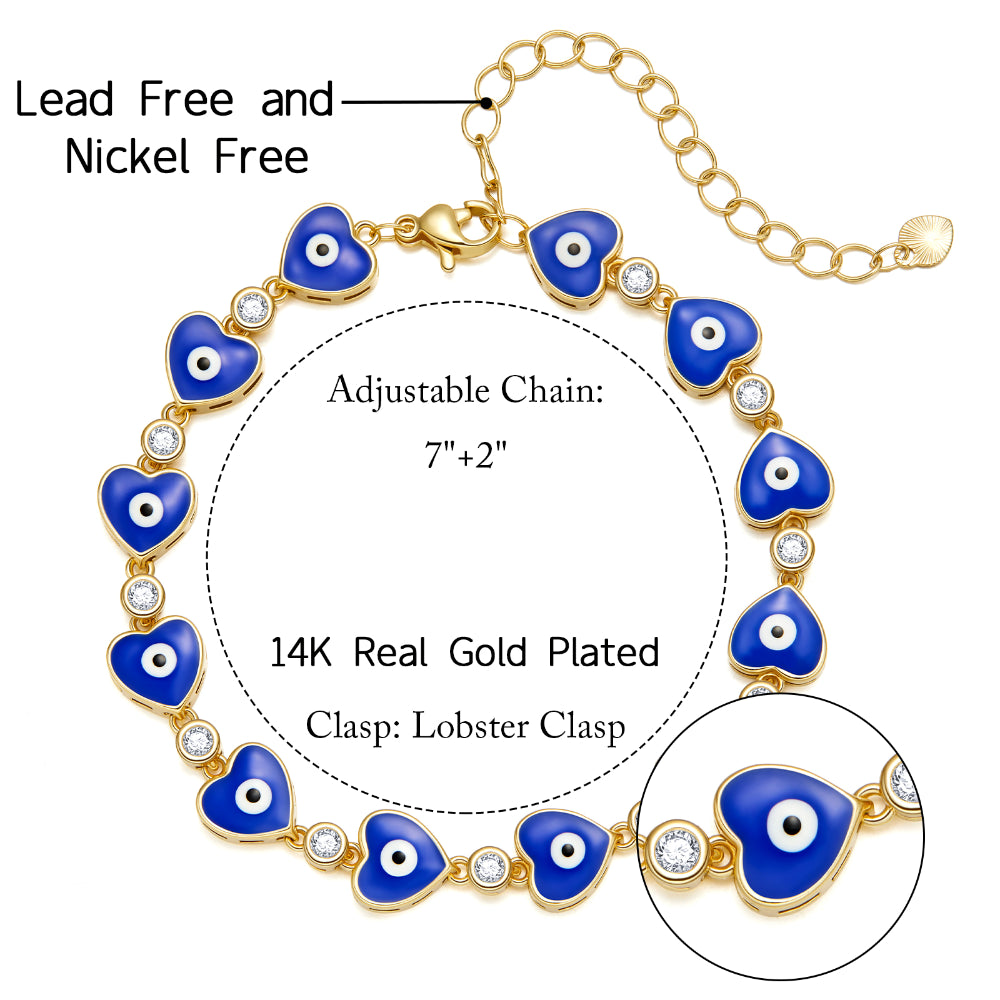 Flirty 14k Gold Plated Evil Eye Bracelet with Dark Blue Eye Love Heart