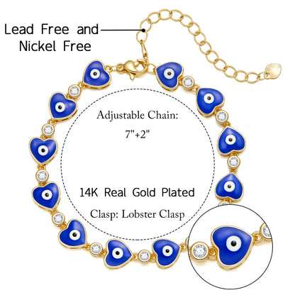 Flirty 14k Gold Plated Evil Eye Bracelet with Dark Blue Eye Love Heart