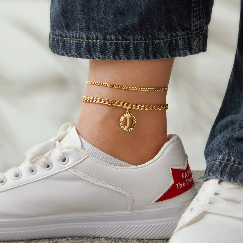 Unique Cuban Link Anklet with Initial Pendant in 14K Gold Plating
