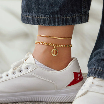 Unique Cuban Link Anklet with Initial Pendant in 14K Gold Plating