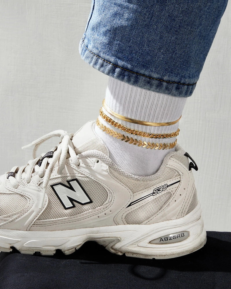 Stylish gold-plated anklet set with Fishbone, 6mm Cuban, and Snake chains