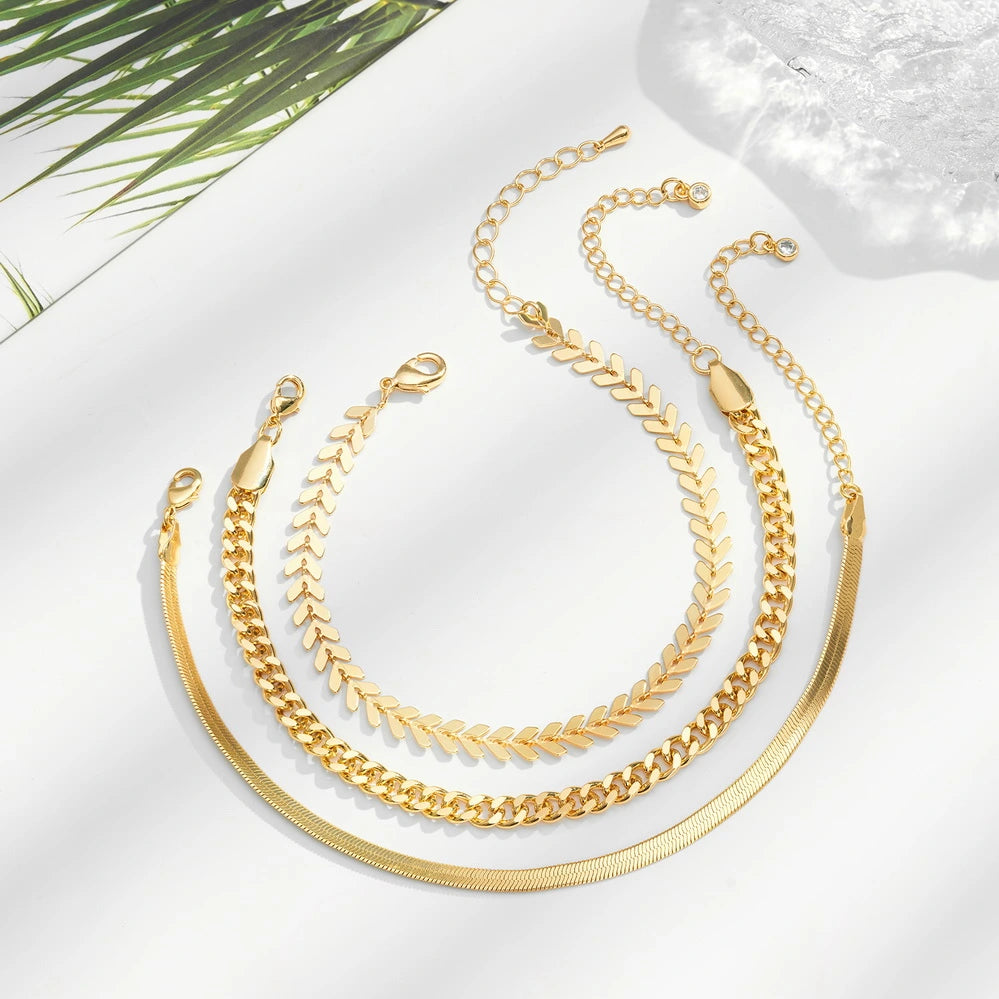 Trendy Fishbone, 6mm Cuban, and Snake chain anklet set in 14k gold