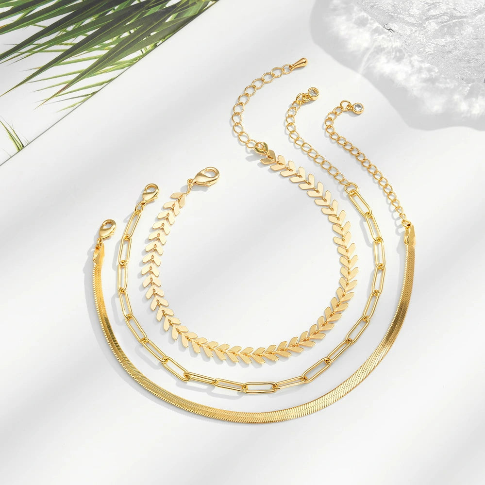 Sophisticated Fishbone, Paperclip, and Snake chain anklet set