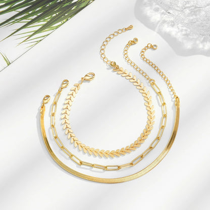 Sophisticated Fishbone, Paperclip, and Snake chain anklet set