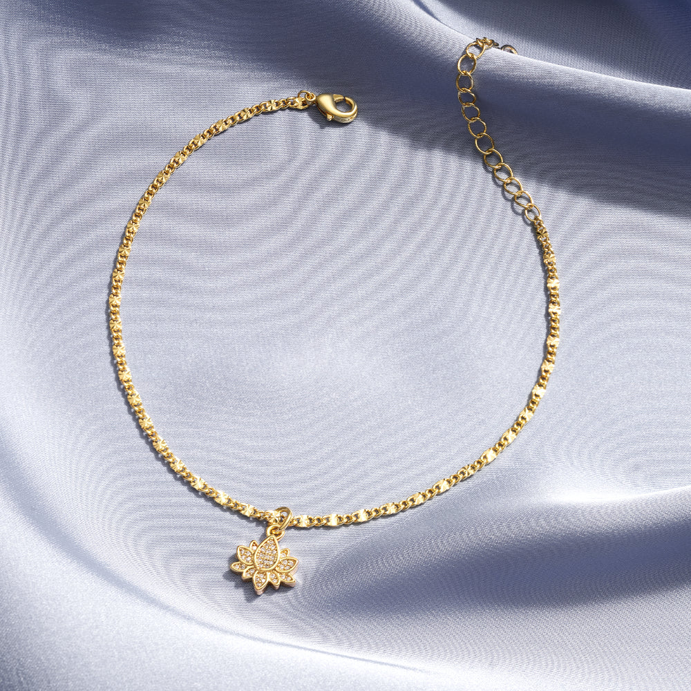Gold Plated Lotus Charm Anklet, Adjustable for Perfect Fit