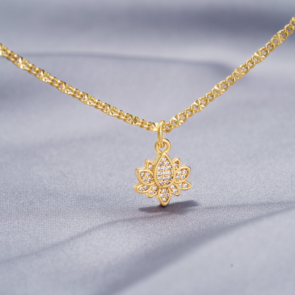 Close-up of Lotus Charm on 14k Gold Plated Anklet