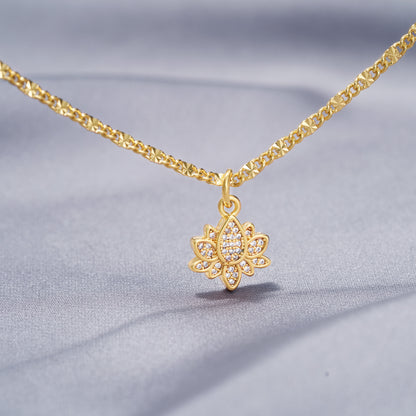 Close-up of Lotus Charm on 14k Gold Plated Anklet