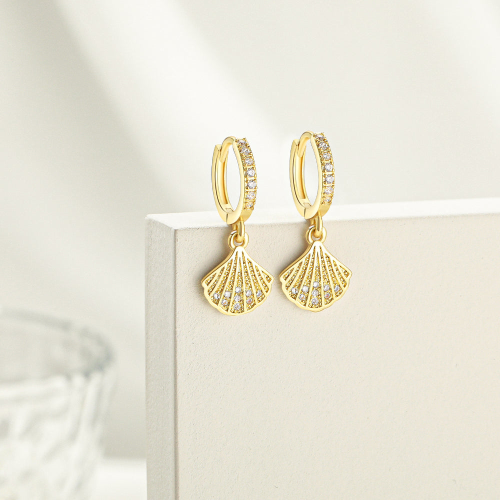 14K Gold Dangle Drop Hoop Earrings for Women Girls- Shell