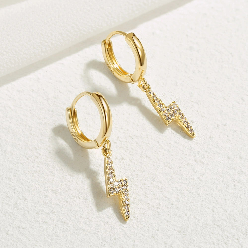 Bold Lightning Hoop Dangle Drop Earrings in 14K Gold