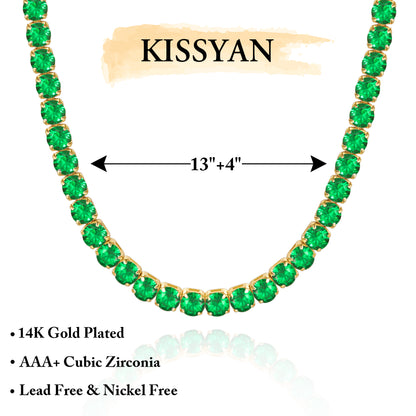 Detailed view of 14K Gold Diamond Tennis Necklace with Round Green CZ