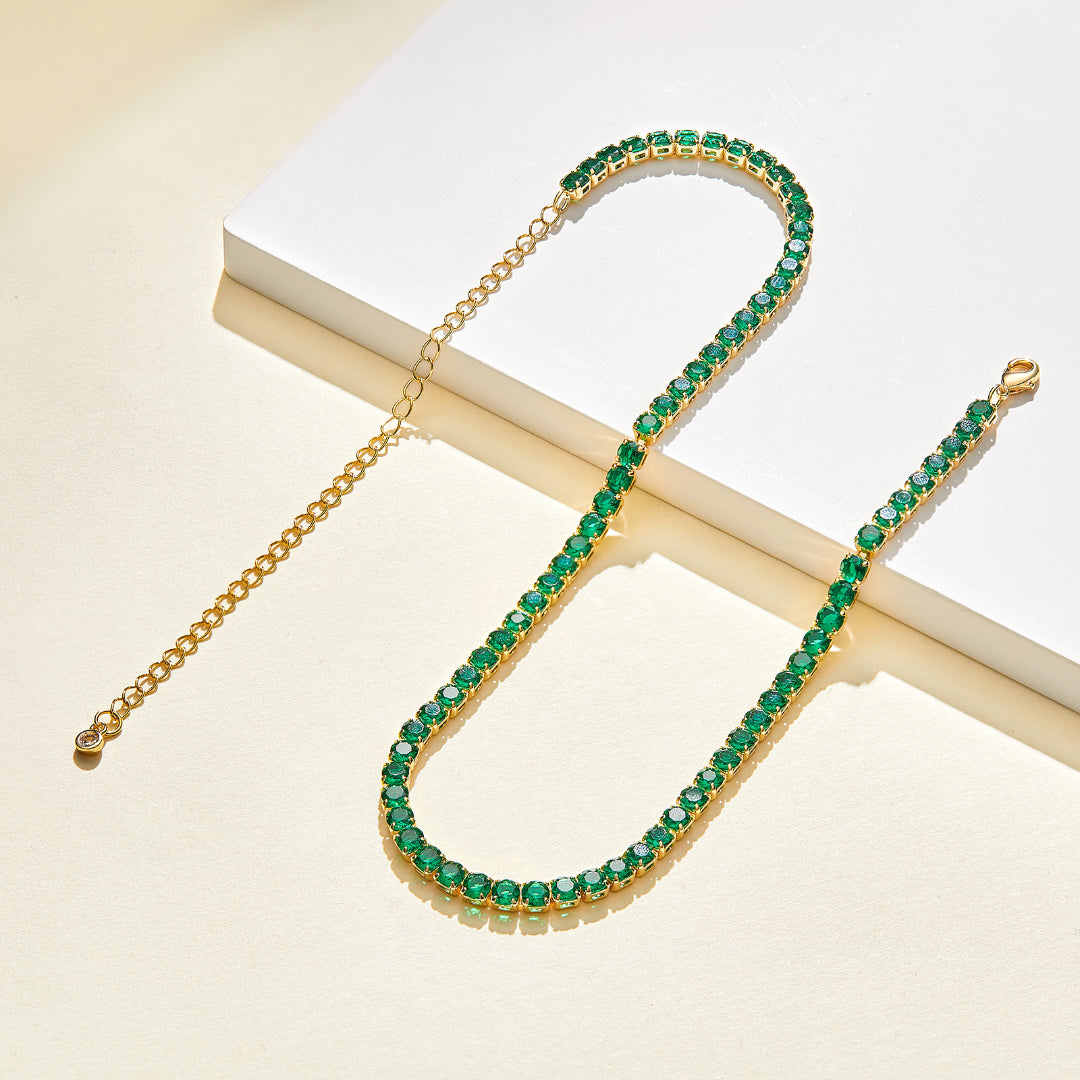 Detailed view of 14K Gold Diamond Tennis Necklace with Round Green CZ