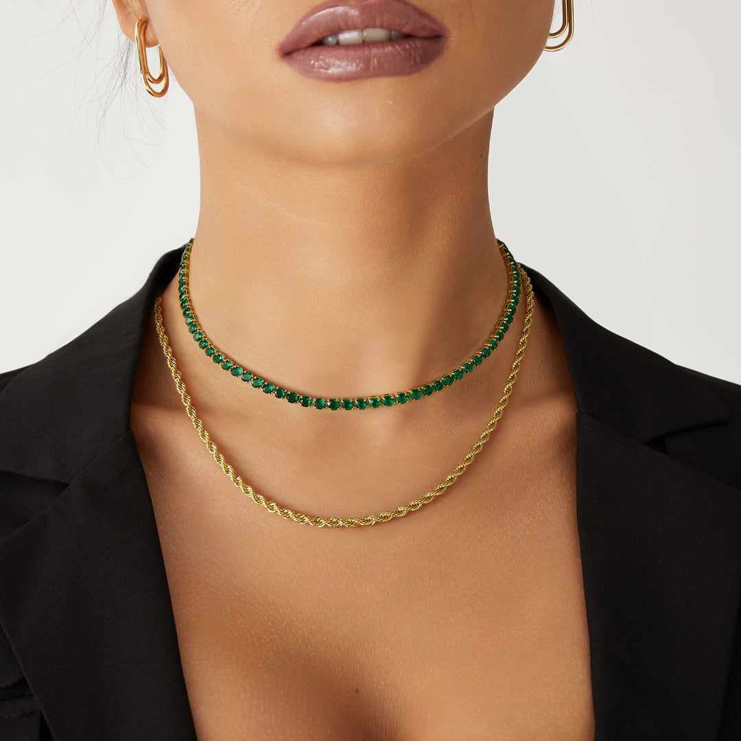 Close-up of Round Green CZ in 14K Gold Diamond Tennis Necklace