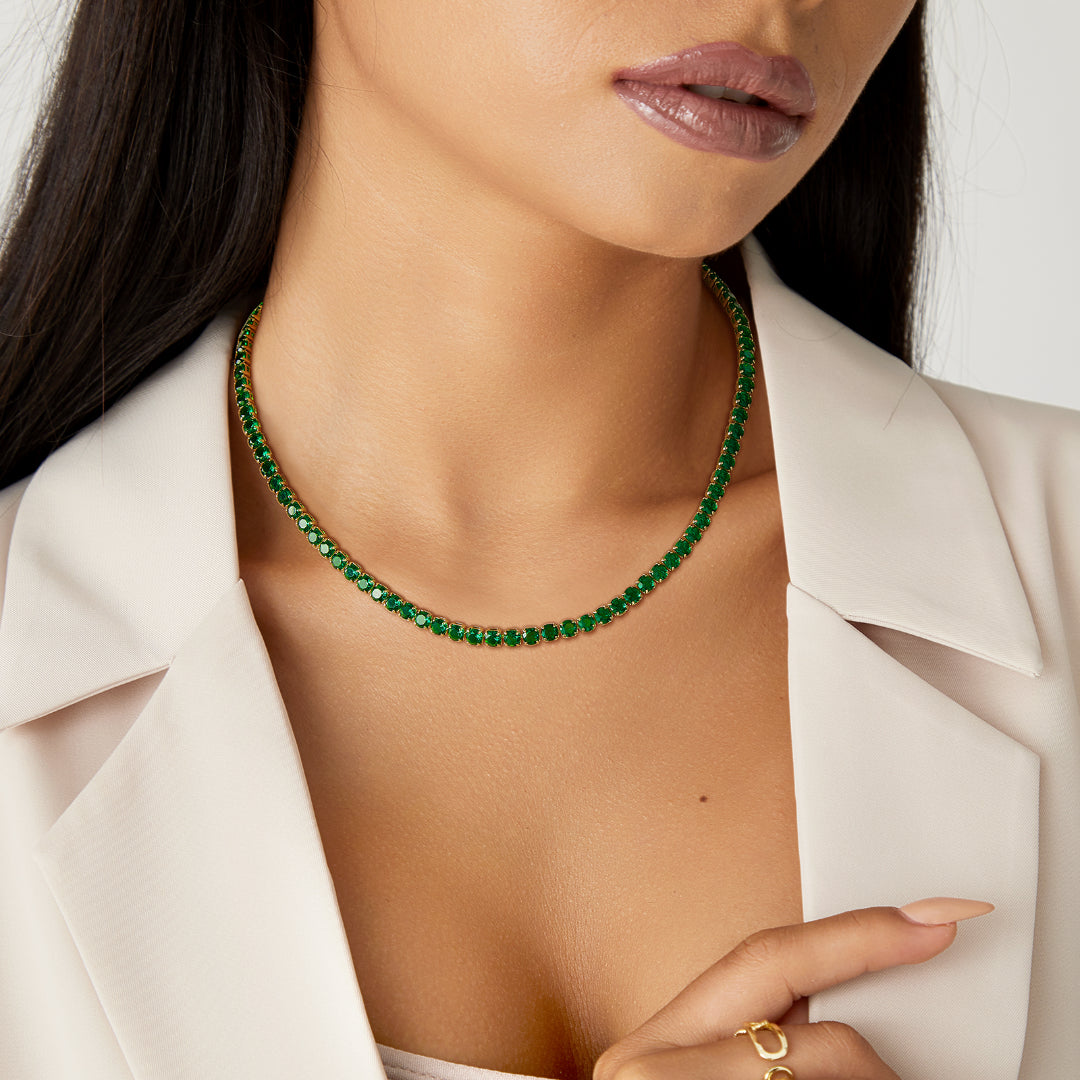 14K Gold Diamond Tennis Necklace with Round Green CZ
