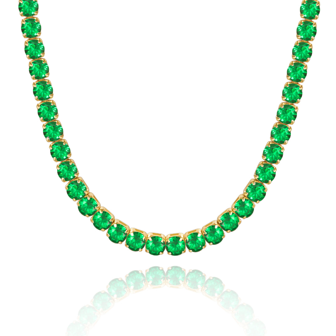 14K Gold Diamond Tennis Necklace with Round Green CZ against white backdrop
