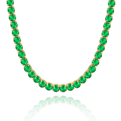 14K Gold Diamond Tennis Necklace with Round Green CZ against white backdrop