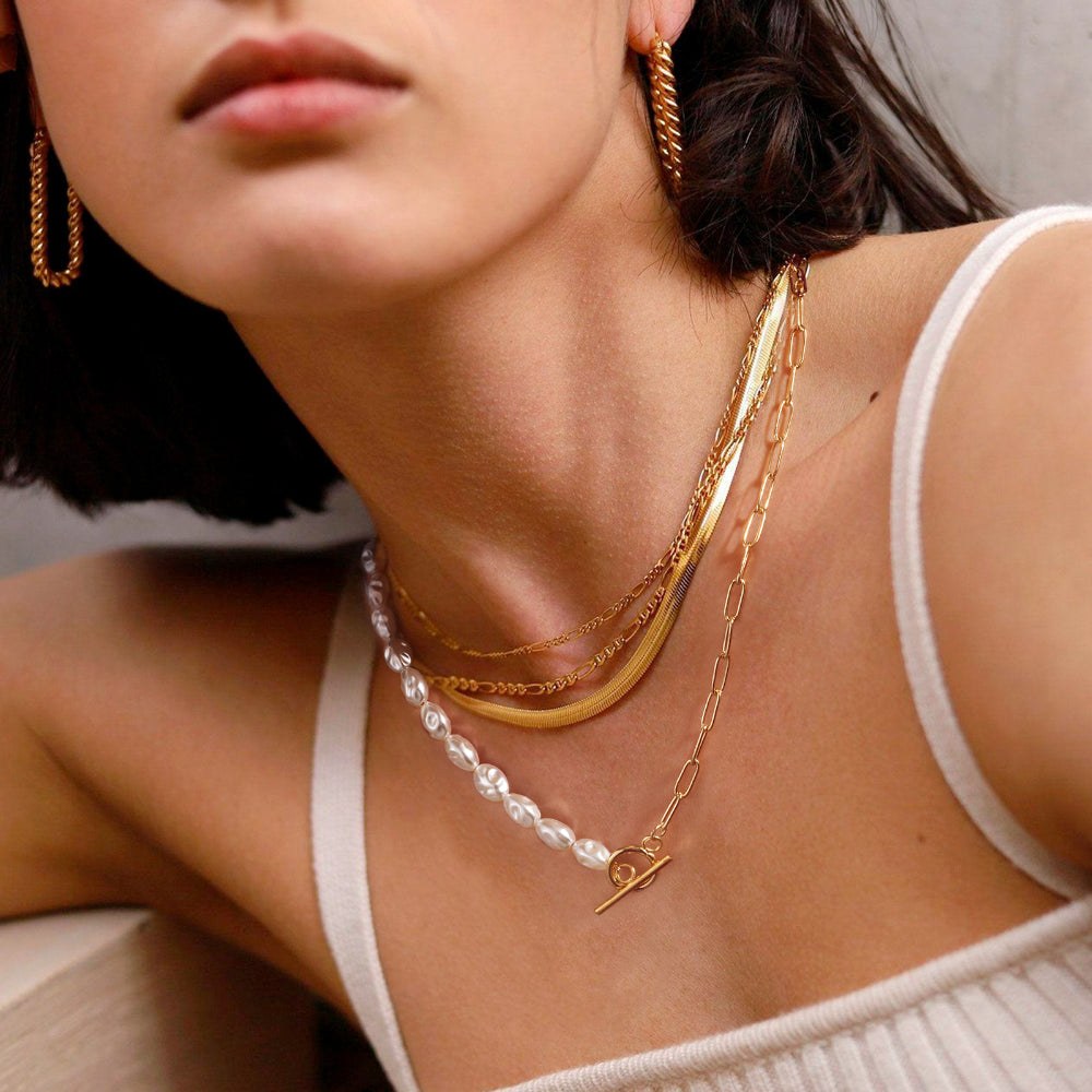14K Gold Plated Chain with Unique Half Pearl Half Paperclip Link