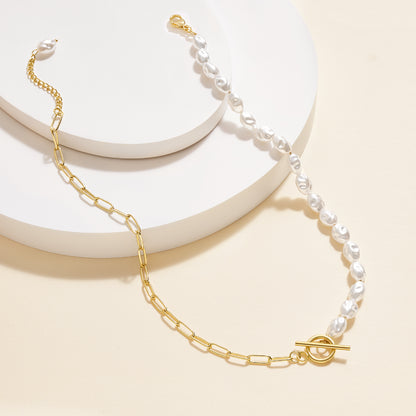 Creative Half Pearl Half Paperclip Link Chain in 14K Gold Plating