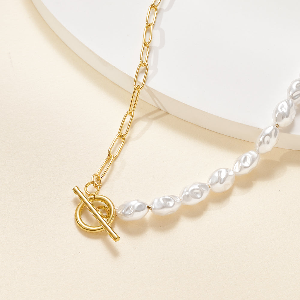 Innovative Half Pearl Half Paperclip 14K Gold Plated Chain for Women