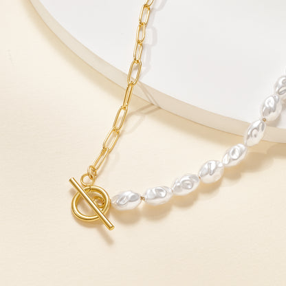 Innovative Half Pearl Half Paperclip 14K Gold Plated Chain for Women