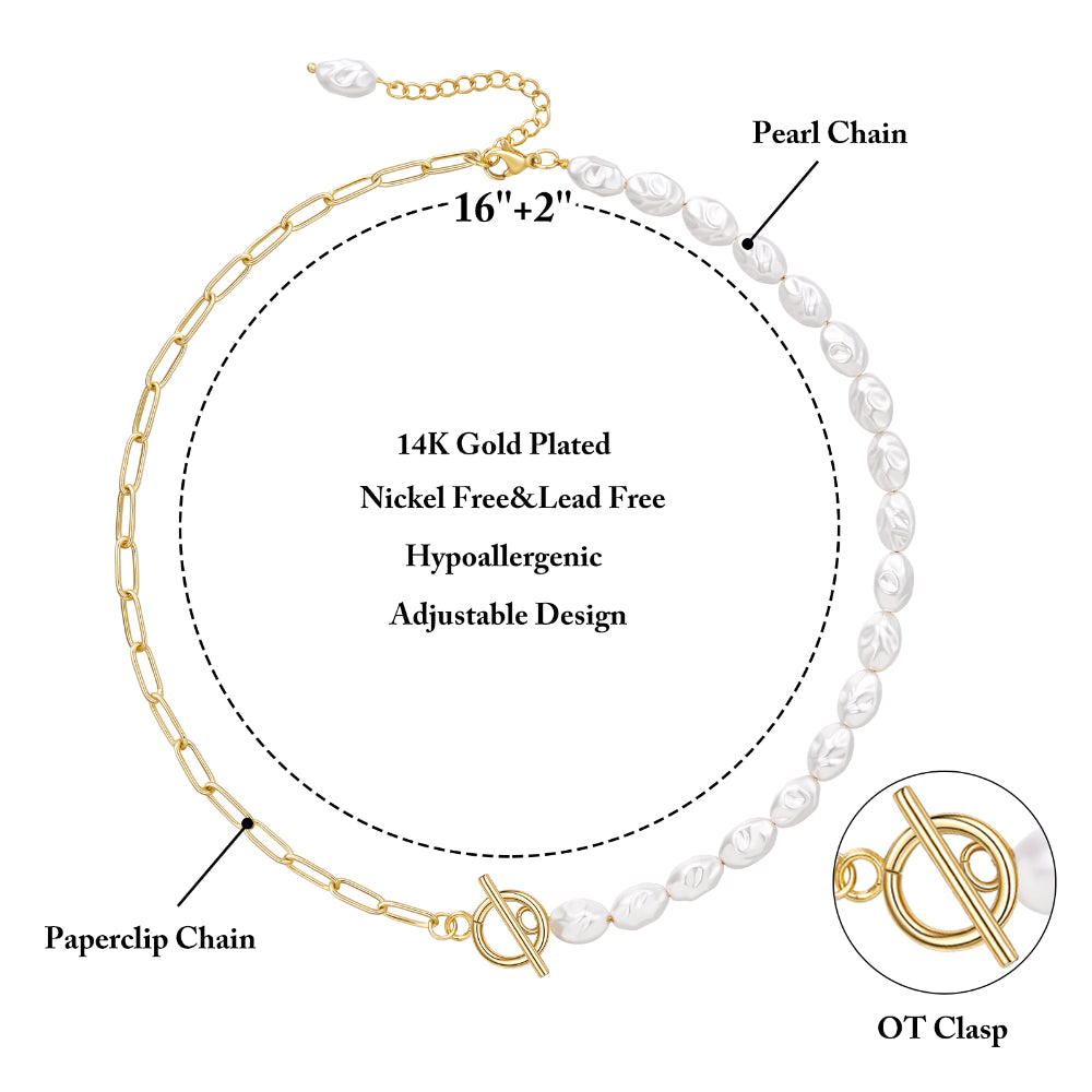Innovative Half Pearl Half Paperclip 14K Gold Plated Chain for Women