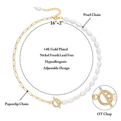 Innovative Half Pearl Half Paperclip 14K Gold Plated Chain for Women