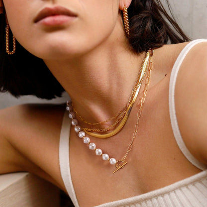 14K Gold Plated Chain with Unique Half Pearl Half Paperclip Link