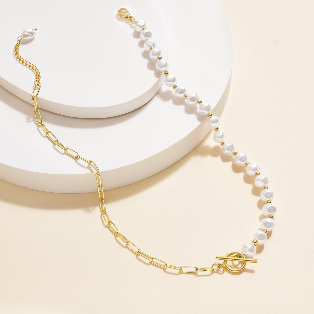Adventurous Half Pearl Half Paperclip 14K Gold Plated Chain for Women
