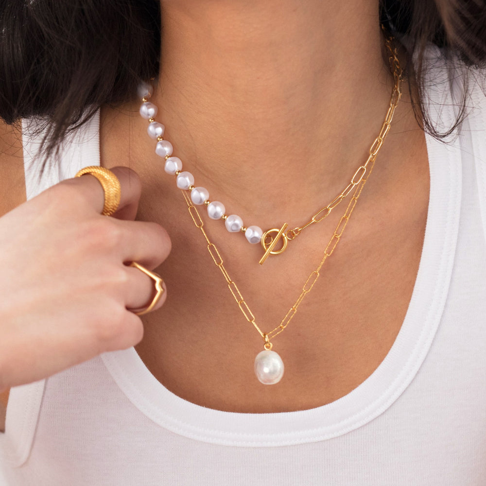 Inventive Half Pearl Half Paperclip Link Chain in 14K Gold Plating