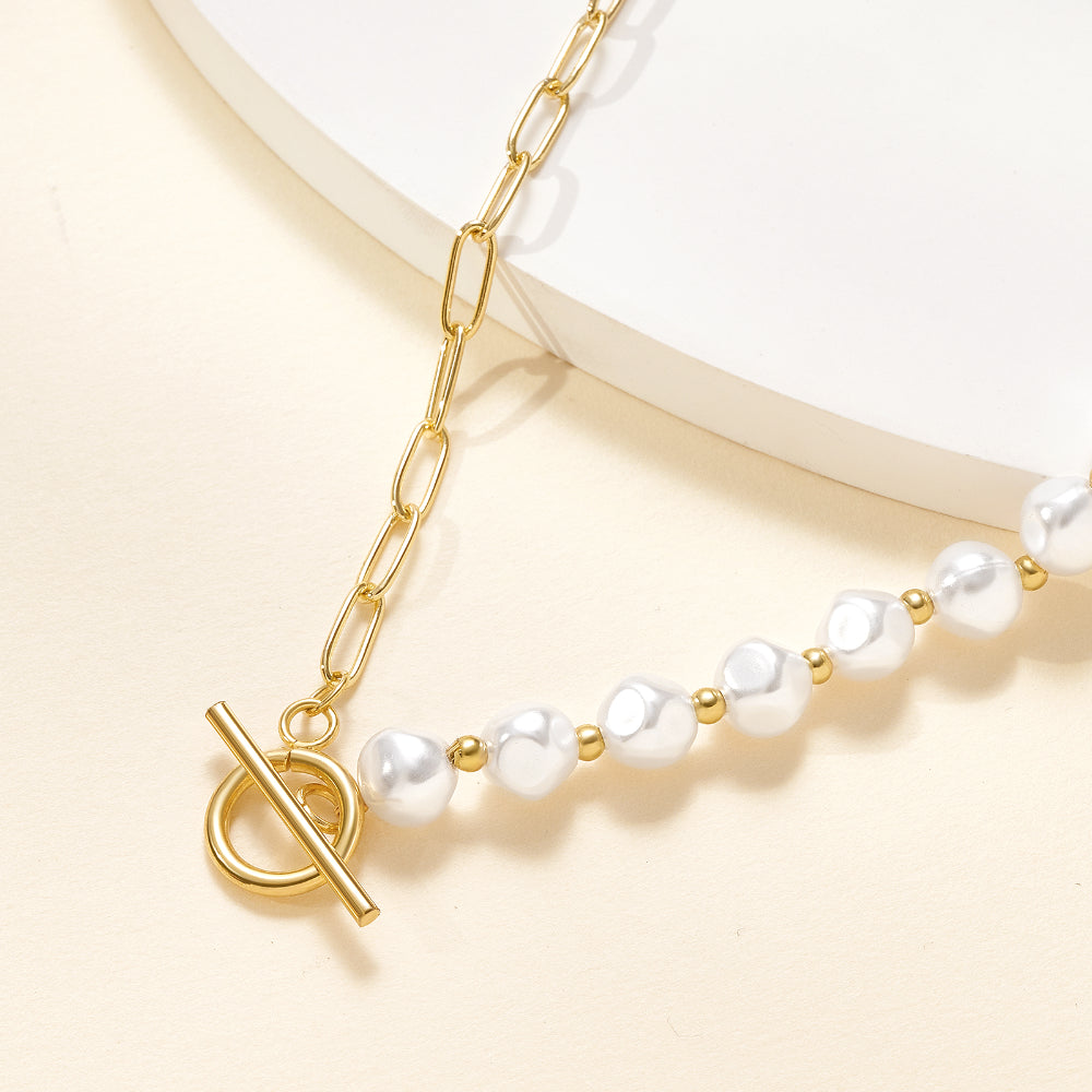 Adventurous Half Pearl Half Paperclip 14K Gold Plated Chain for Women