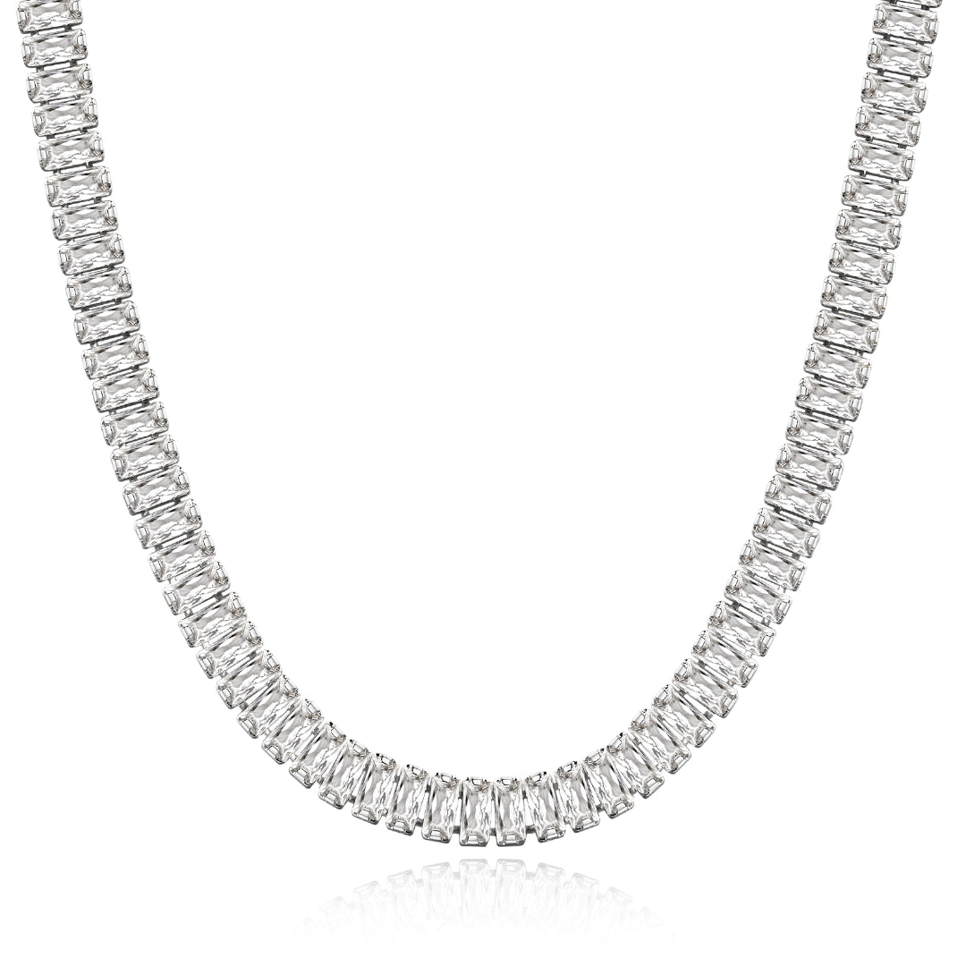 14K Gold Diamond Tennis Necklace CZ Baguette Tennis Chain