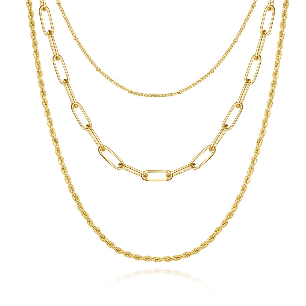 14K Gold Layered Necklaces - Satellite, Twist, Paperclip against white background