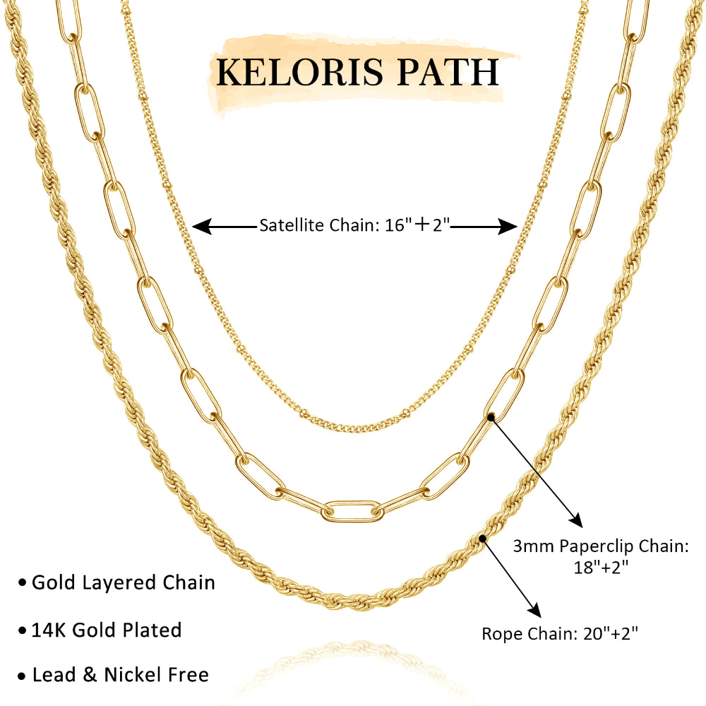 Detailed view of Dainty 14K Gold Layered Necklaces - Satellite, Twist, Paperclip