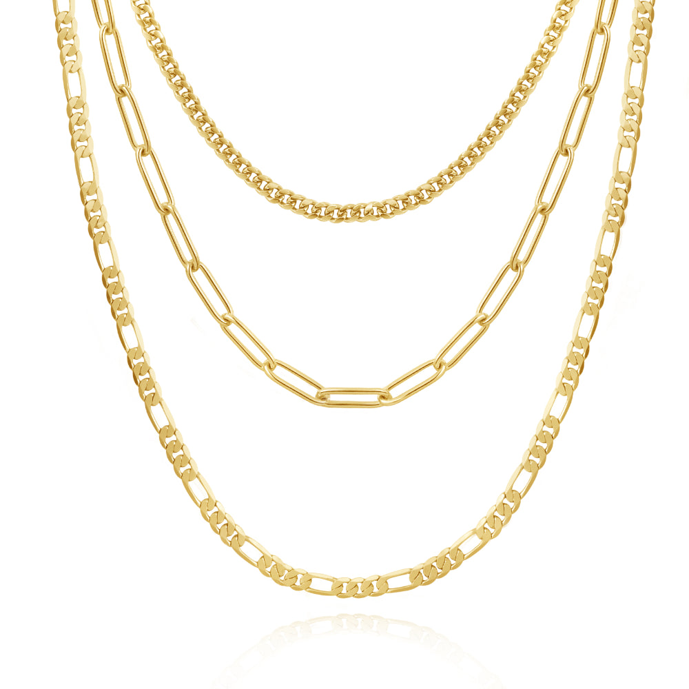 14K Gold Layered Necklaces - Cuban, Figaro, 4mm Paperclip against white background