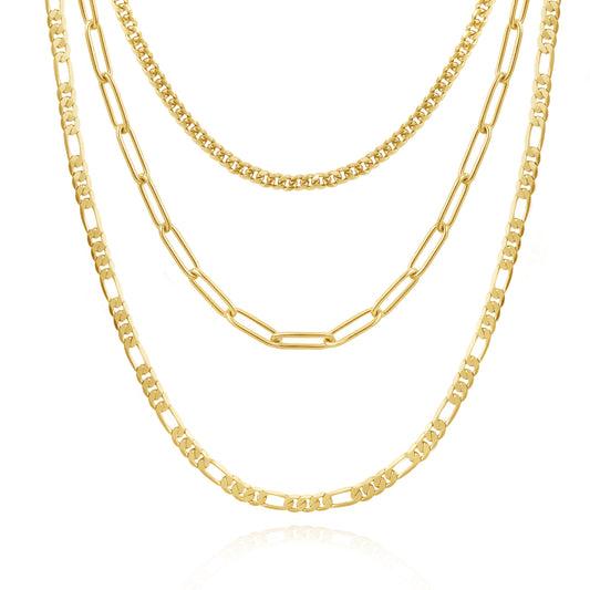 14K Gold Layered Necklaces - Cuban, Figaro, 4mm Paperclip against white background