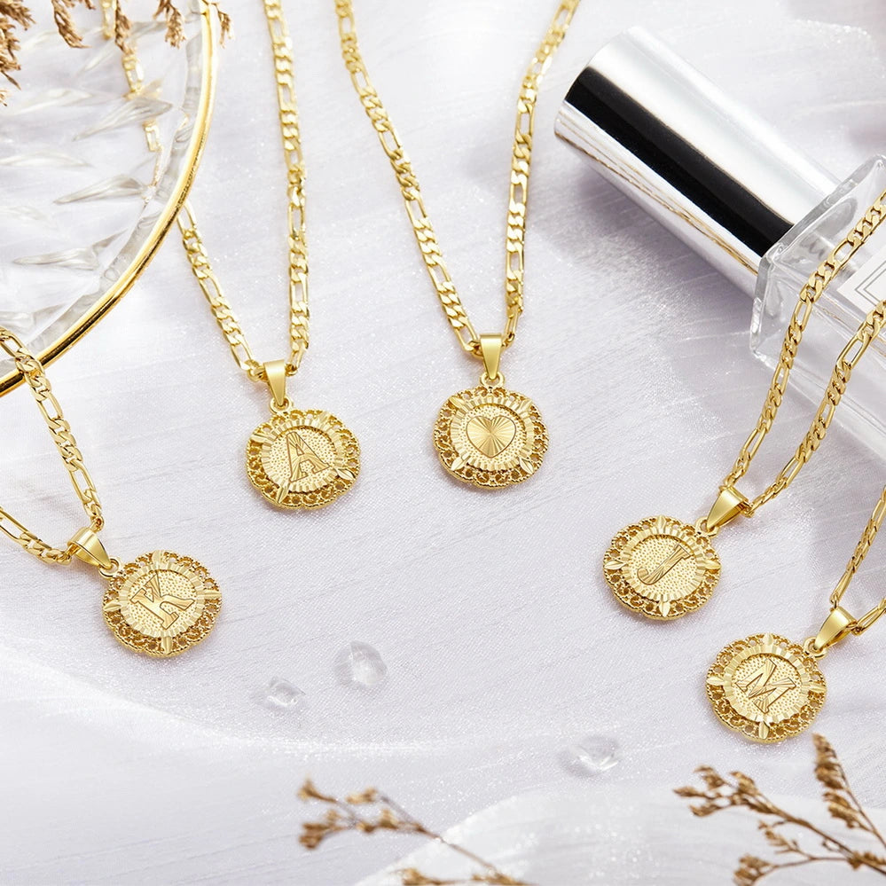 Expressive Round Letter 14K Gold Necklace with Figaro Chain for Women