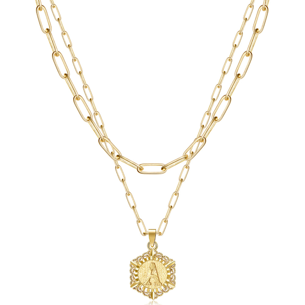 14K Gold Initial Pendant Paperclip Link Necklace on White Background