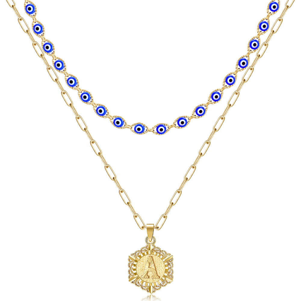 14K Gold Evil Eye Initial Necklace on White Background