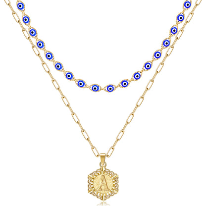 14K Gold Evil Eye Initial Necklace on White Background
