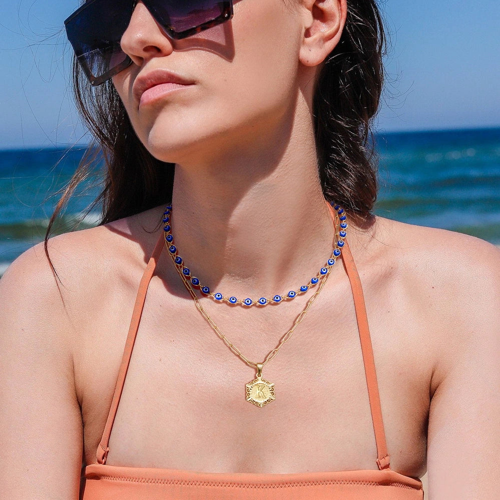 14K Gold Necklace with Unique Evil Eye Initial Pendant