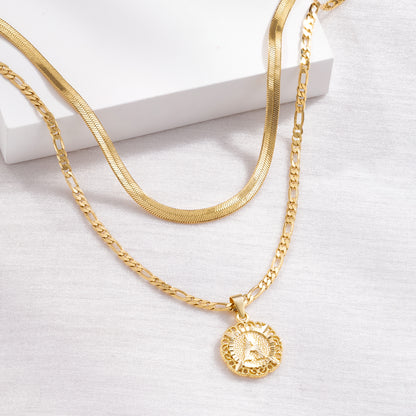 14K Gold Plated Dainty Layering Round Initial Letter Pendant Necklaces With Figaro Snake Chain