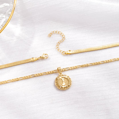 14K Gold Plated Dainty Layering Round Initial Letter Pendant Necklaces With Figaro Snake Chain