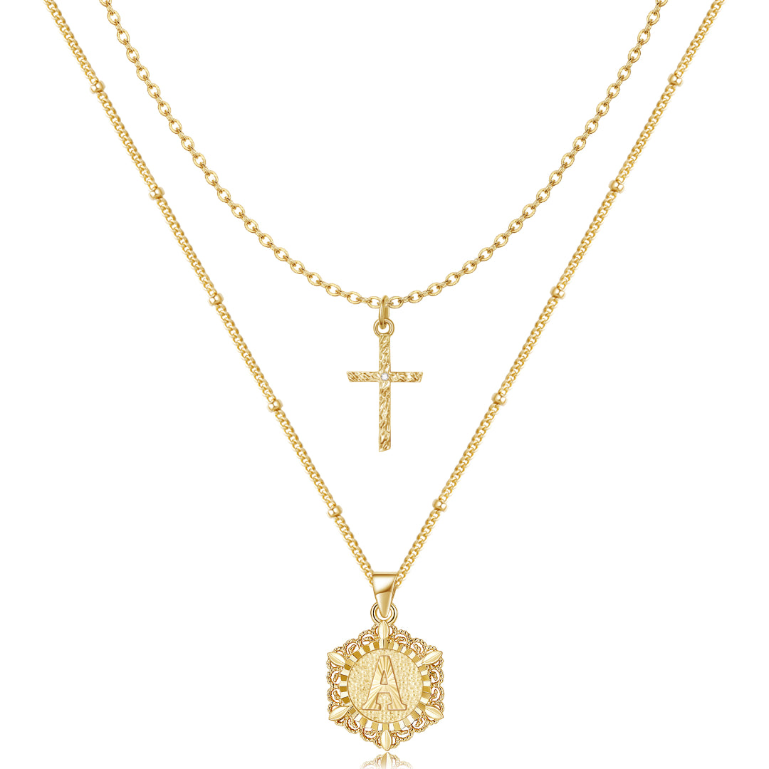 14K Gold Plated Layering Hexagon Letter Cross Pendant Necklace on White Background